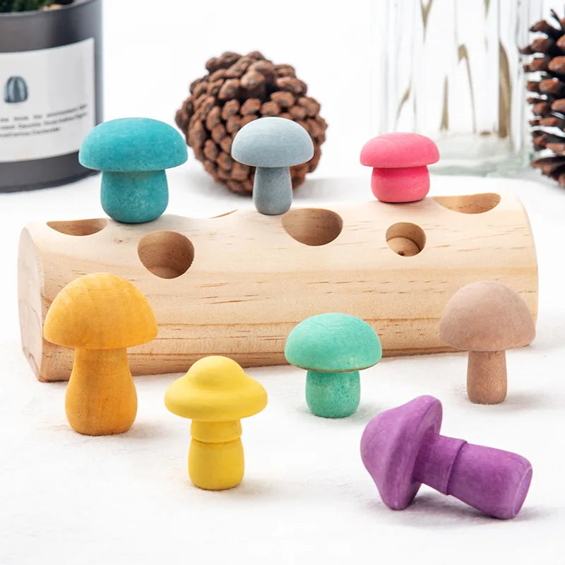 Wooden Rainbow Blocks Mushroom Picking Game Wood Baby