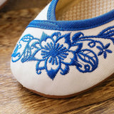 Veowalk Blue Flowers Embroidered Women's Canvas Ballet Flats Vintage Chinese Style Ladies Casual Ankle Strap Cotton Dance Shoes