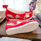 Veowalk Women Satin Cotton Ankle Strap Hidden Platform Shoes Vintage Chinese Style Embroidered Comfortable Hanfu Shoes Black Red