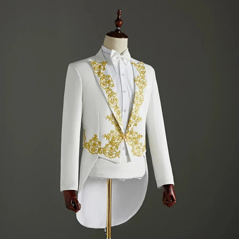 (Jacket+Pants) 2 Piece Wedding Suit White Embroidery Tailcoat