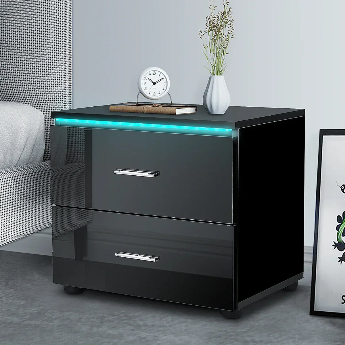 Modern Luxury LED Light Nightstand w/2 Drawers Organizer
