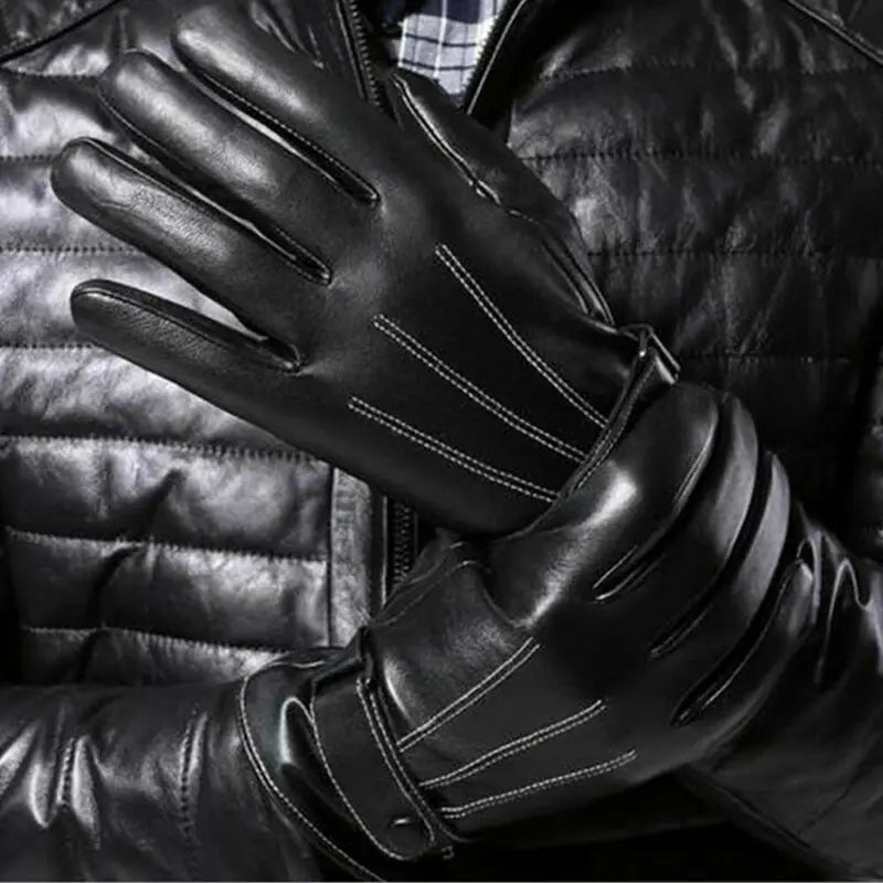 Gloves Men Winter Leather Black Gloves Button Warm