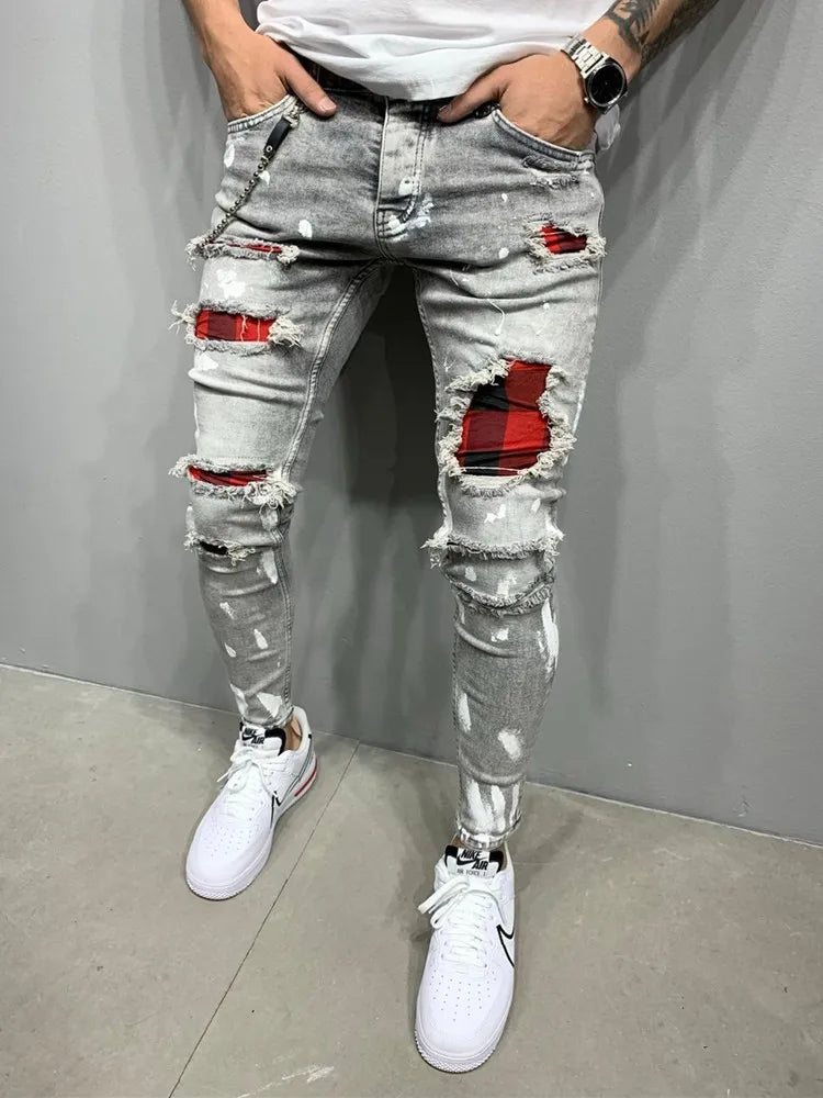 Men's Ripped Pencil Pants Men Skinny Denim Biker