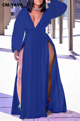 CM.YAYA Women Plus Size Dress Solid Cleavage Splited