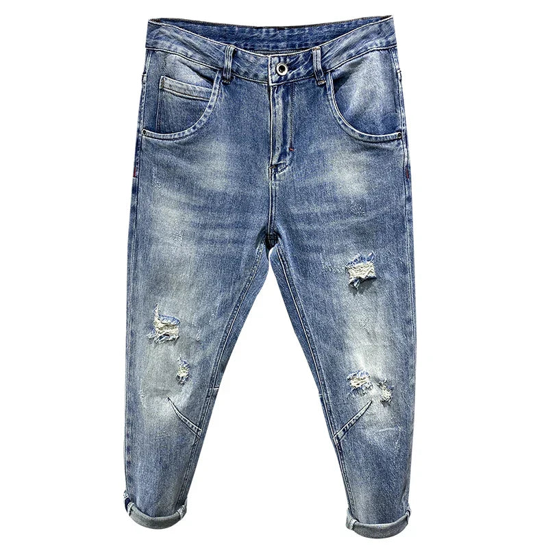 Ripped Jeans Men Light Blue Stretch Harem Pants