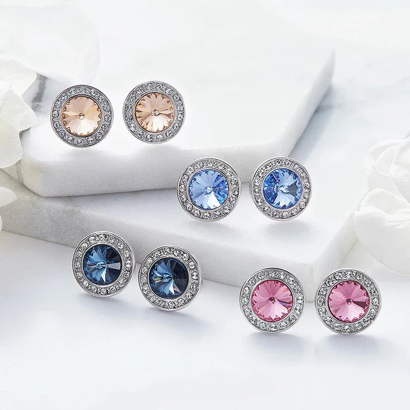 Silver Color Round Stud Earrings Real Crystals from