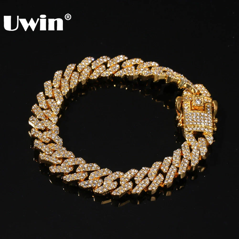 UWIN 12mm Bling S-Link Miami Cuban Bracelets Gold