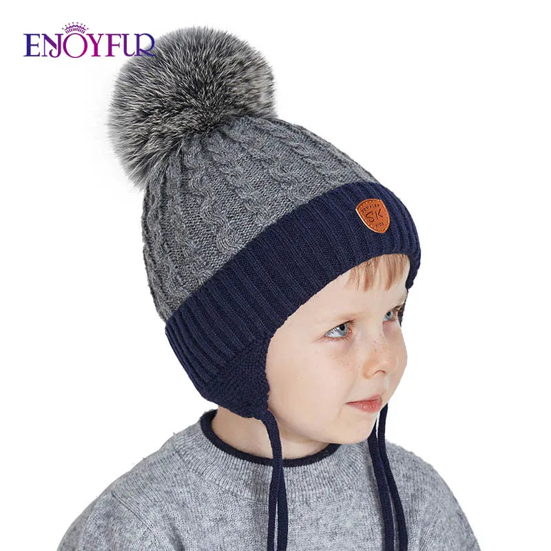 ENJOYFUR Warm Winter Baby Knitted Hats Real Fur