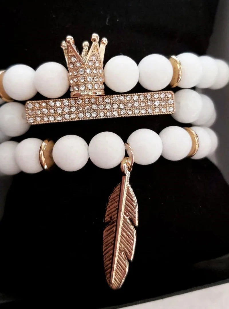 3Pcs/Sets 8MM White Stone Beads Bracelet Sets CZ