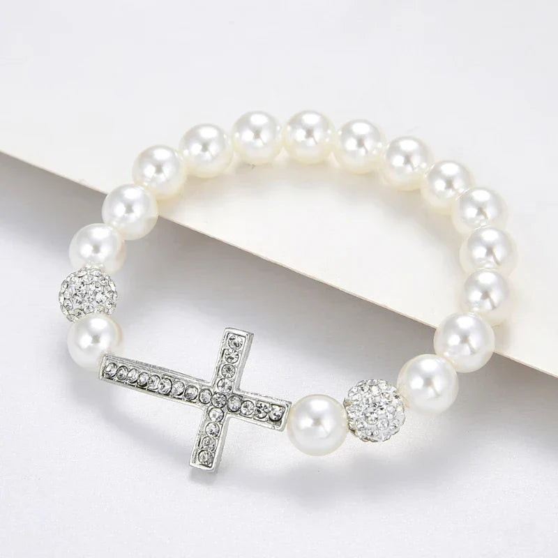 1 Pc Fashionable Imitation Pearl Beaded Bracelet Cross