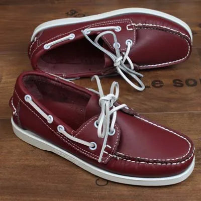 Men's Casual Genuine Leather Docksides Deck Lace Up Moccain Boat Shoes Loafers For Men Driving Fashion Women Shoes Wine Red