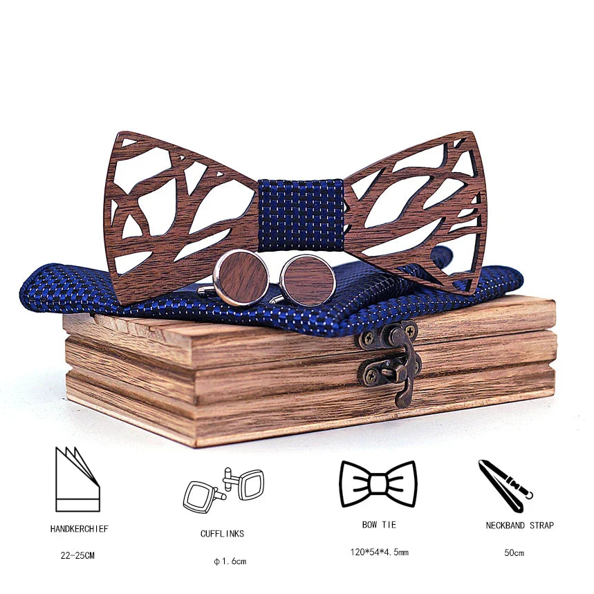 Fashion Hollow Carved Wooden Bow Tie Navy Blue