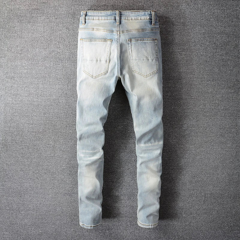 Men Crystal Holes Ripped Patchwork Jeans Streetwear Light