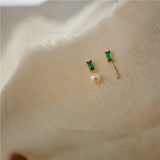 925 Sterling Silver French Simple Emerald Pearl Earrings