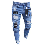 Men Slim Biker Ripped Long Denim Trousers Skinny