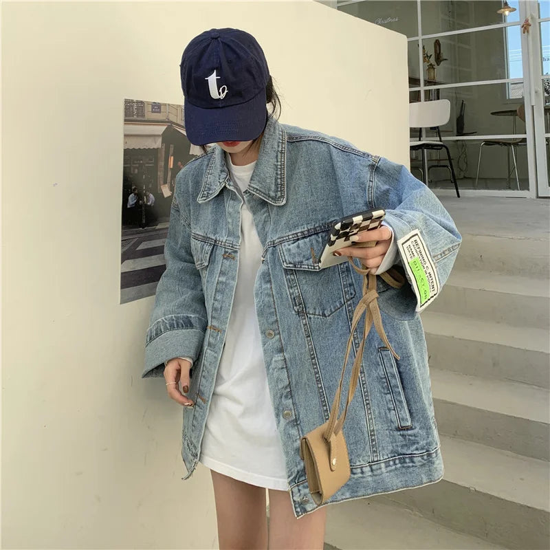 High Street Fashion Oversized Denim Jacket Women Korean