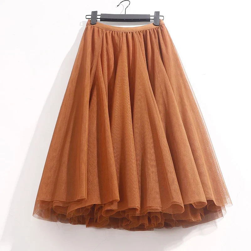 High Waist Solid Midi Pleated Tulle Skirt A-line