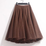 High Waist Solid Midi Pleated Tulle Skirt A-line