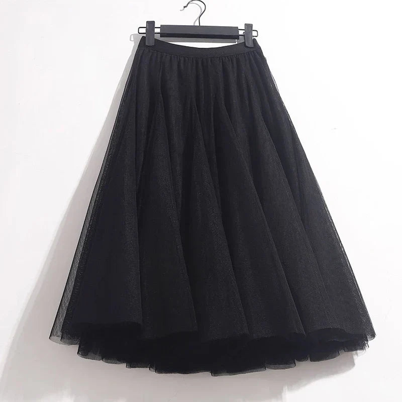 High Waist Solid Midi Pleated Tulle Skirt A-line