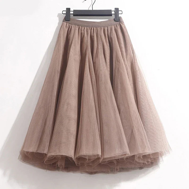 High Waist Solid Midi Pleated Tulle Skirt A-line
