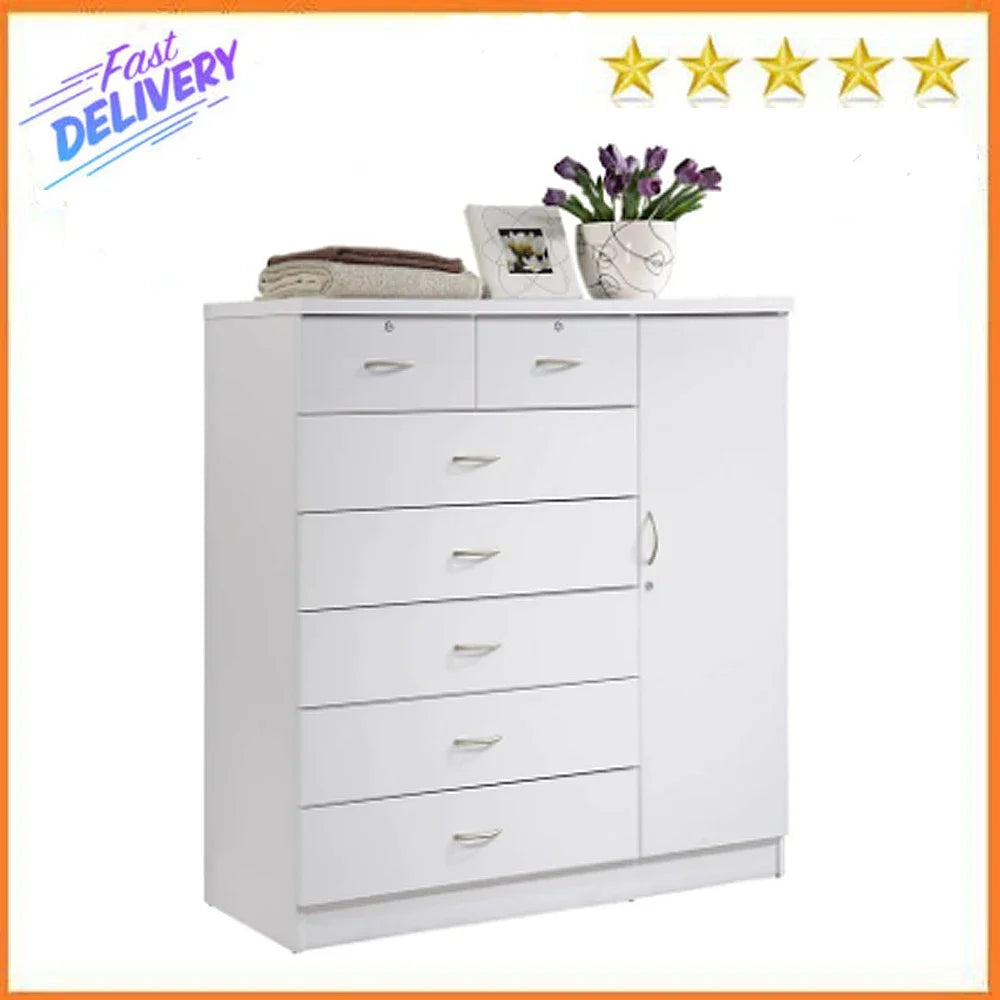 Hodedah 7-Drawer Dresser with Side Cabinet equipped