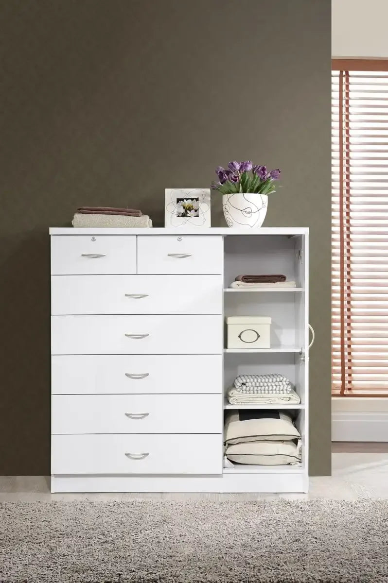 Hodedah 7-Drawer Dresser with Side Cabinet equipped