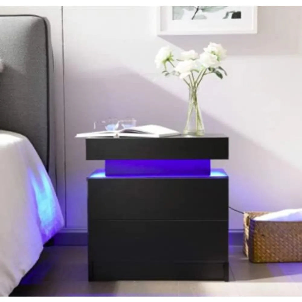 I-aplus Bedside Table with 2 Drawers, LED Nightstand