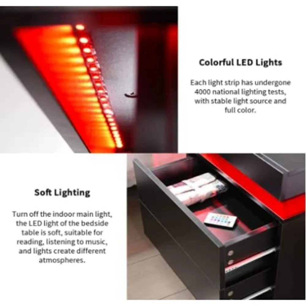I-aplus Bedside Table with 2 Drawers, LED Nightstand