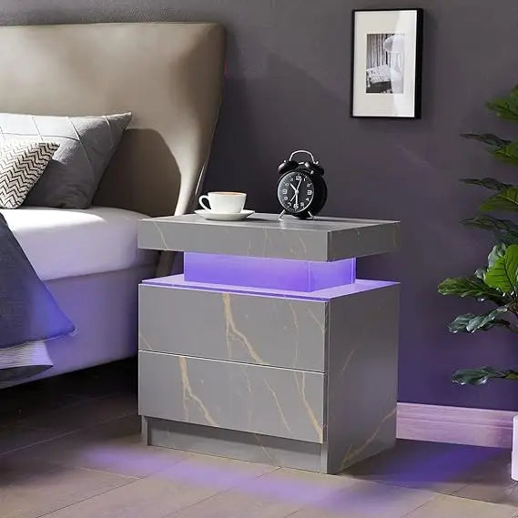 I-aplus Bedside Table with 2 Drawers, LED Nightstand