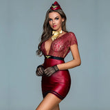 JSY Sexy Stewardess Uniform Cosplay Lingerie Lace Wine