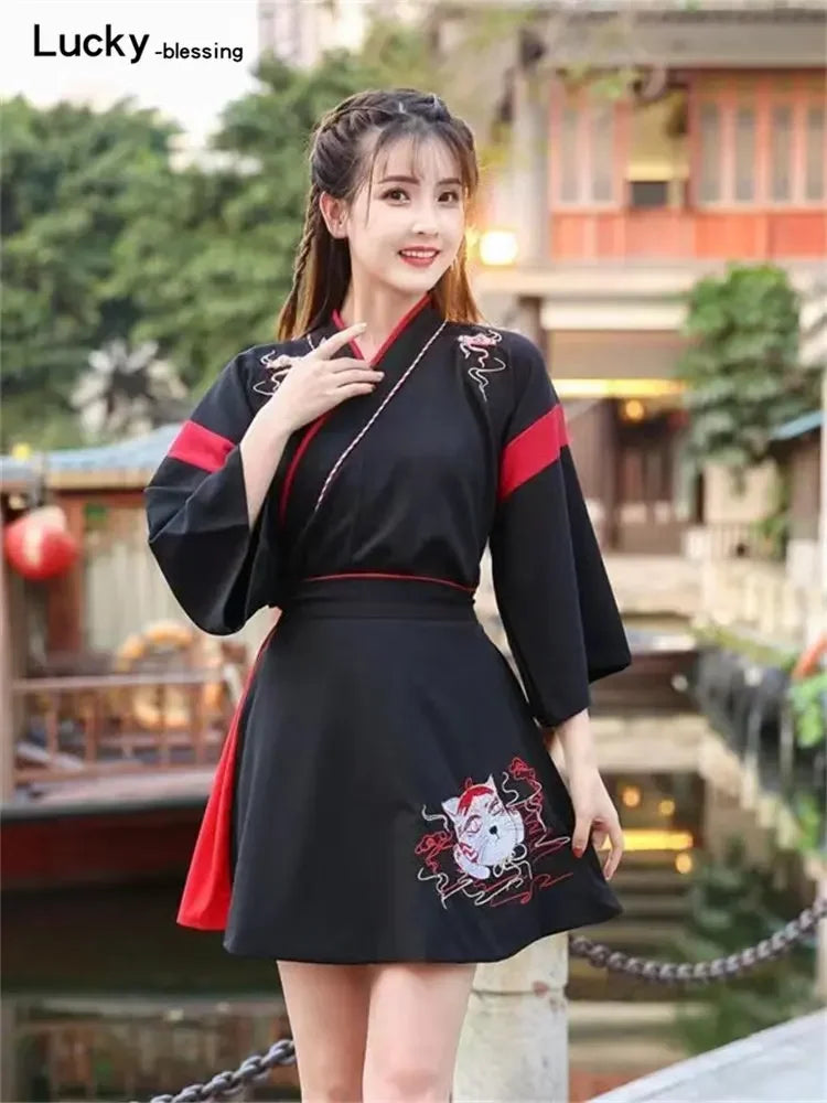 Japanese Dress Kimono Woman Black White Cat Embroidery