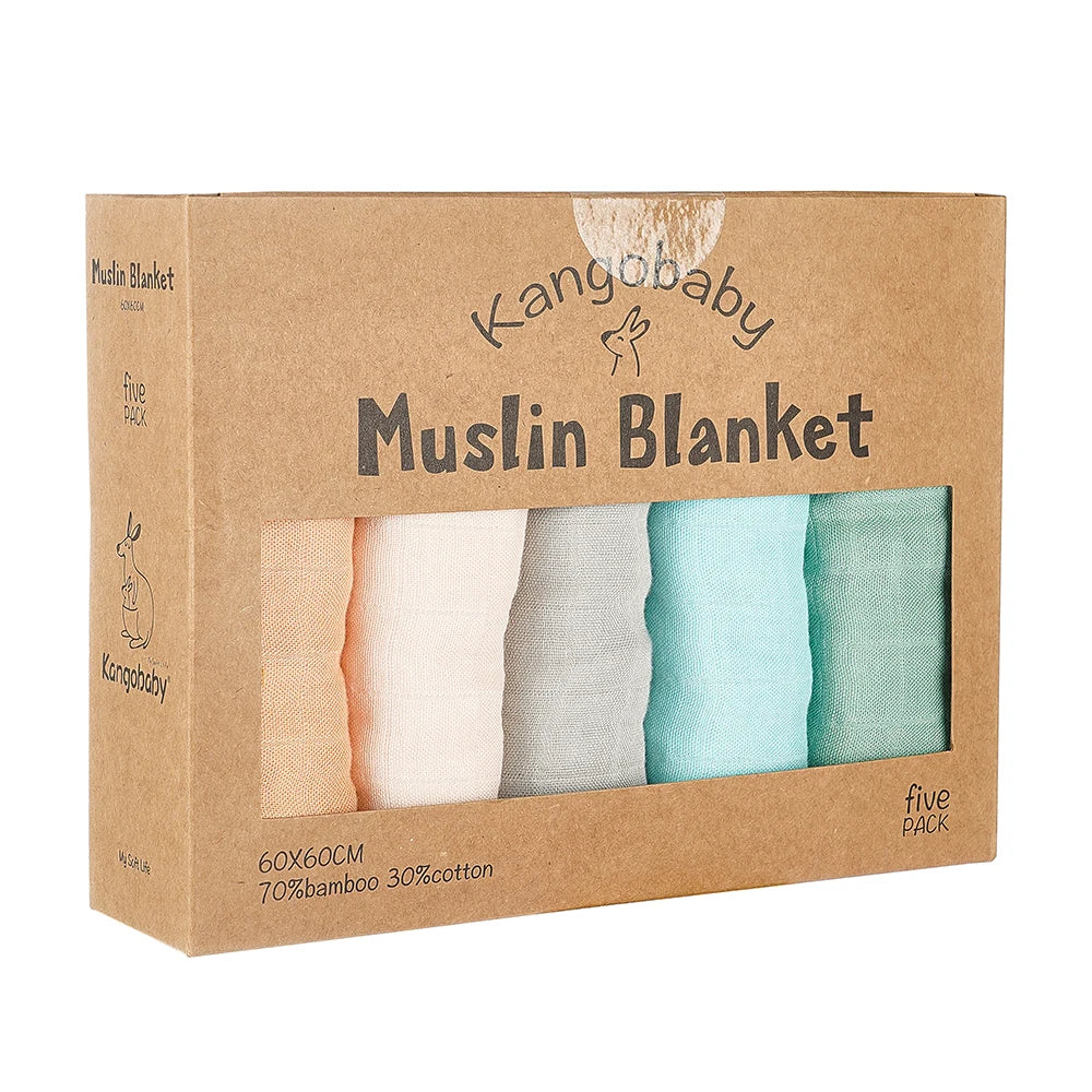 Kangobaby 5 Pieces Pack Multi-Functional Bamboo Cotton Muslin