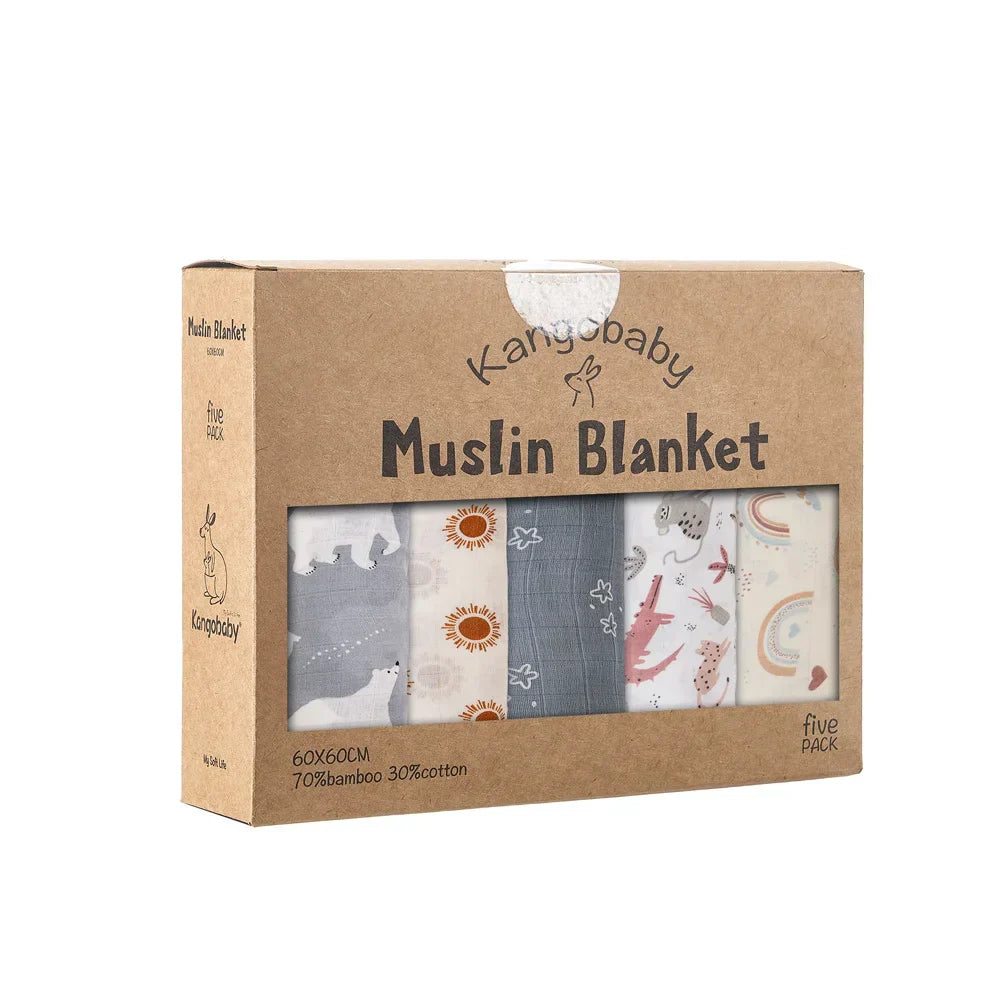 Kangobaby 5 Pieces Pack Multi-Functional Bamboo Cotton Muslin