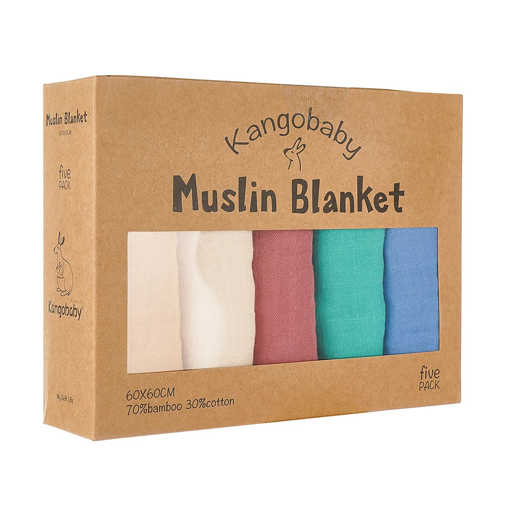 Kangobaby 5 Pieces Pack Multi-Functional Bamboo Cotton Muslin