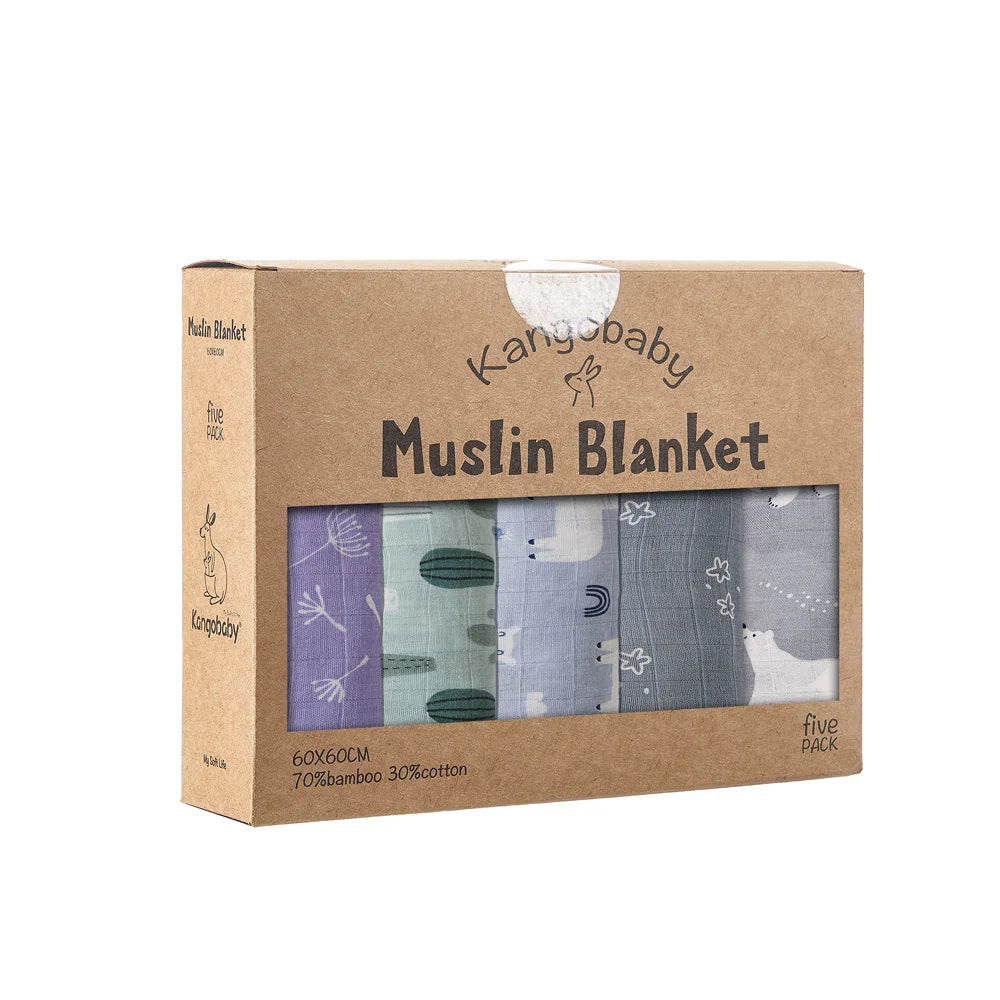 Kangobaby 5 Pieces Pack Multi-Functional Bamboo Cotton Muslin