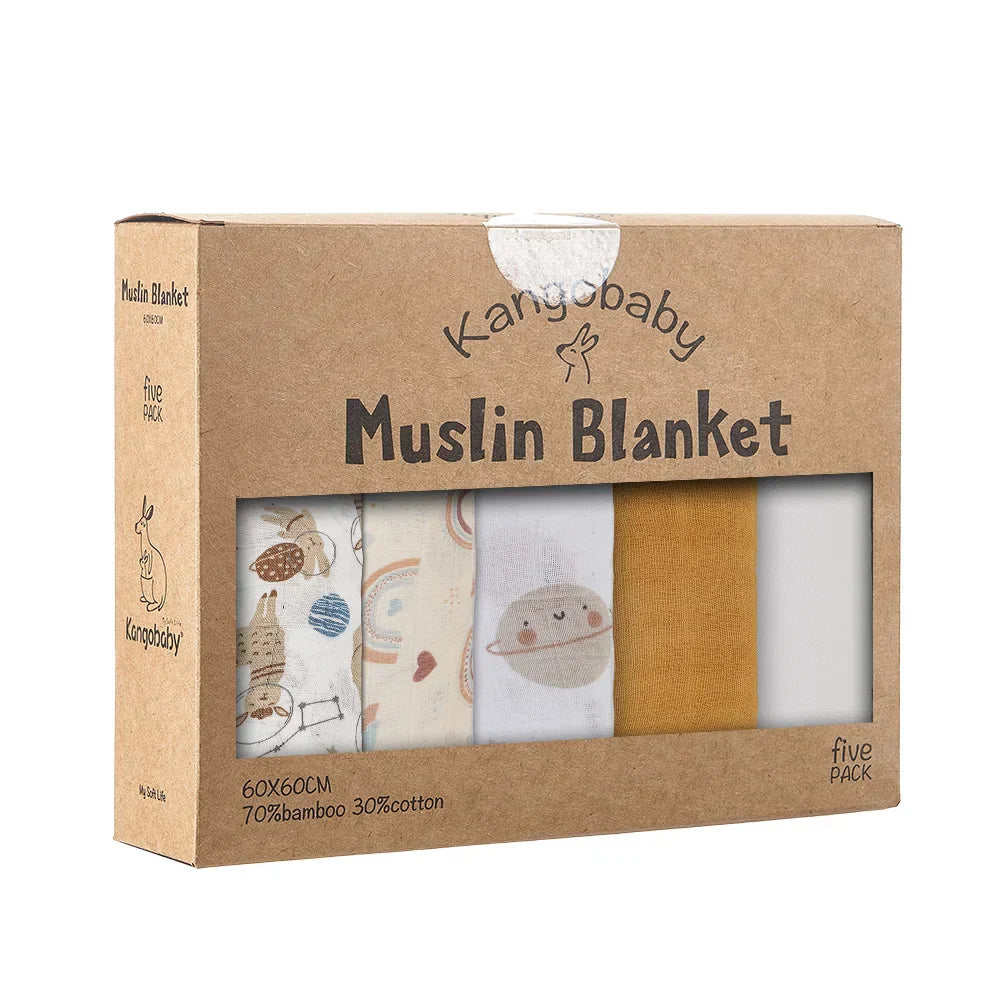 Kangobaby 5 Pieces Pack Multi-Functional Bamboo Cotton Muslin