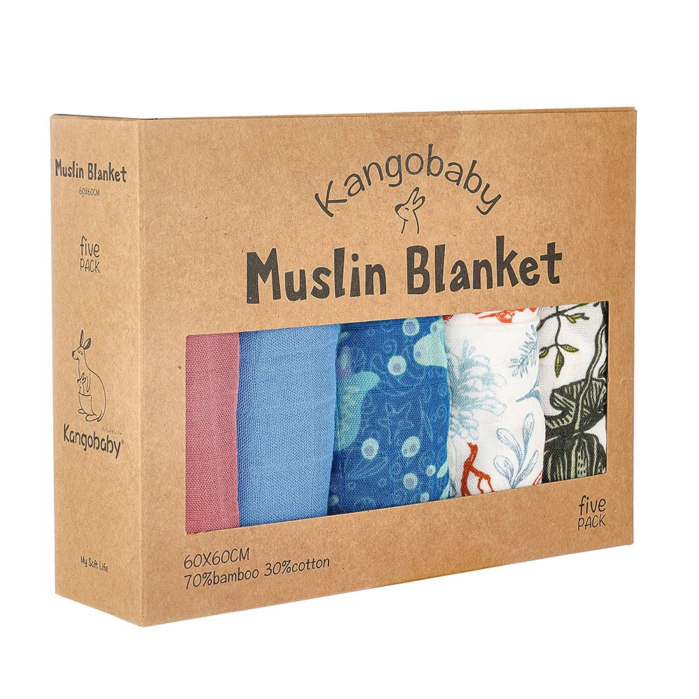Kangobaby 5 Pieces Pack Multi-Functional Bamboo Cotton Muslin