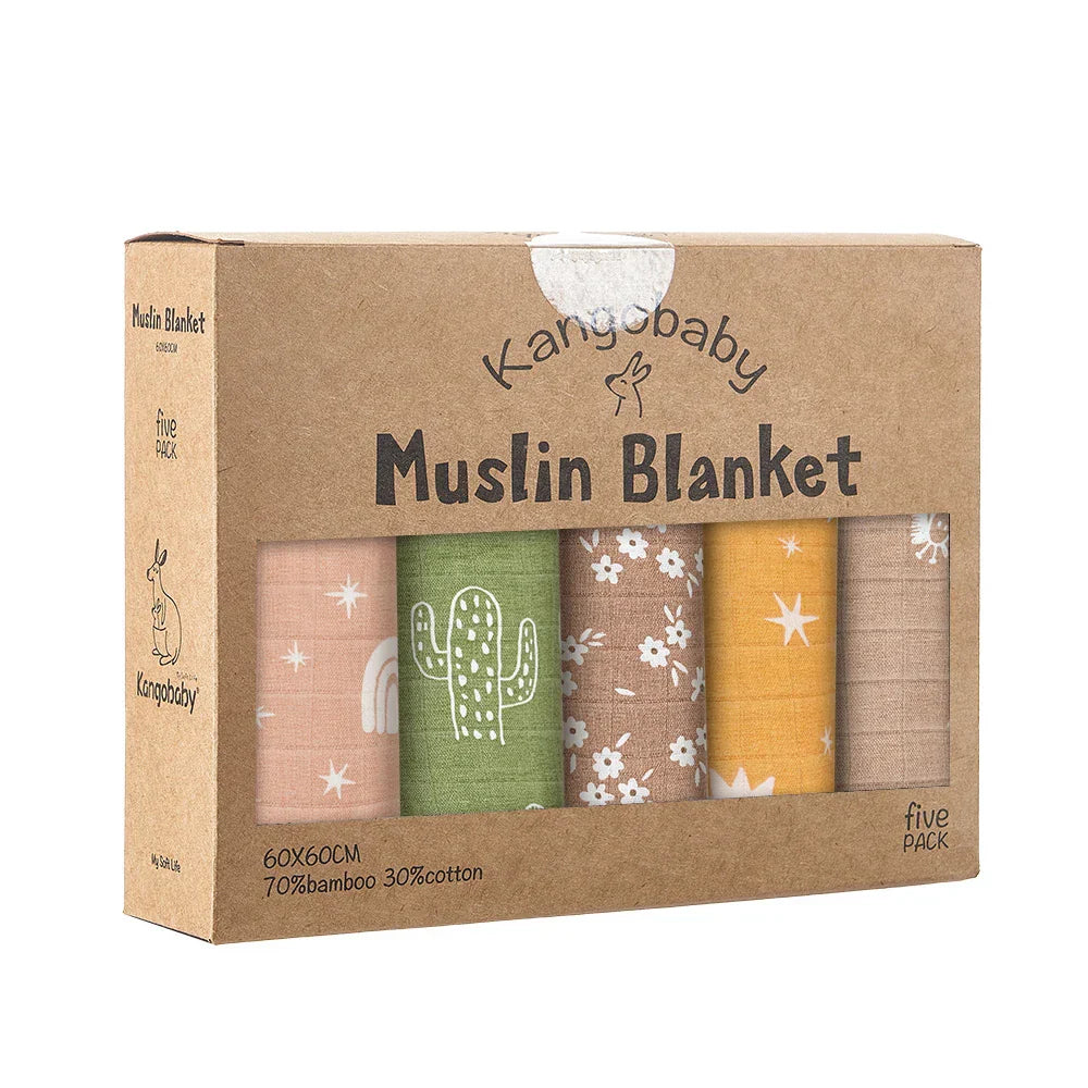 Kangobaby 5 Pieces Pack Multi-Functional Bamboo Cotton Muslin