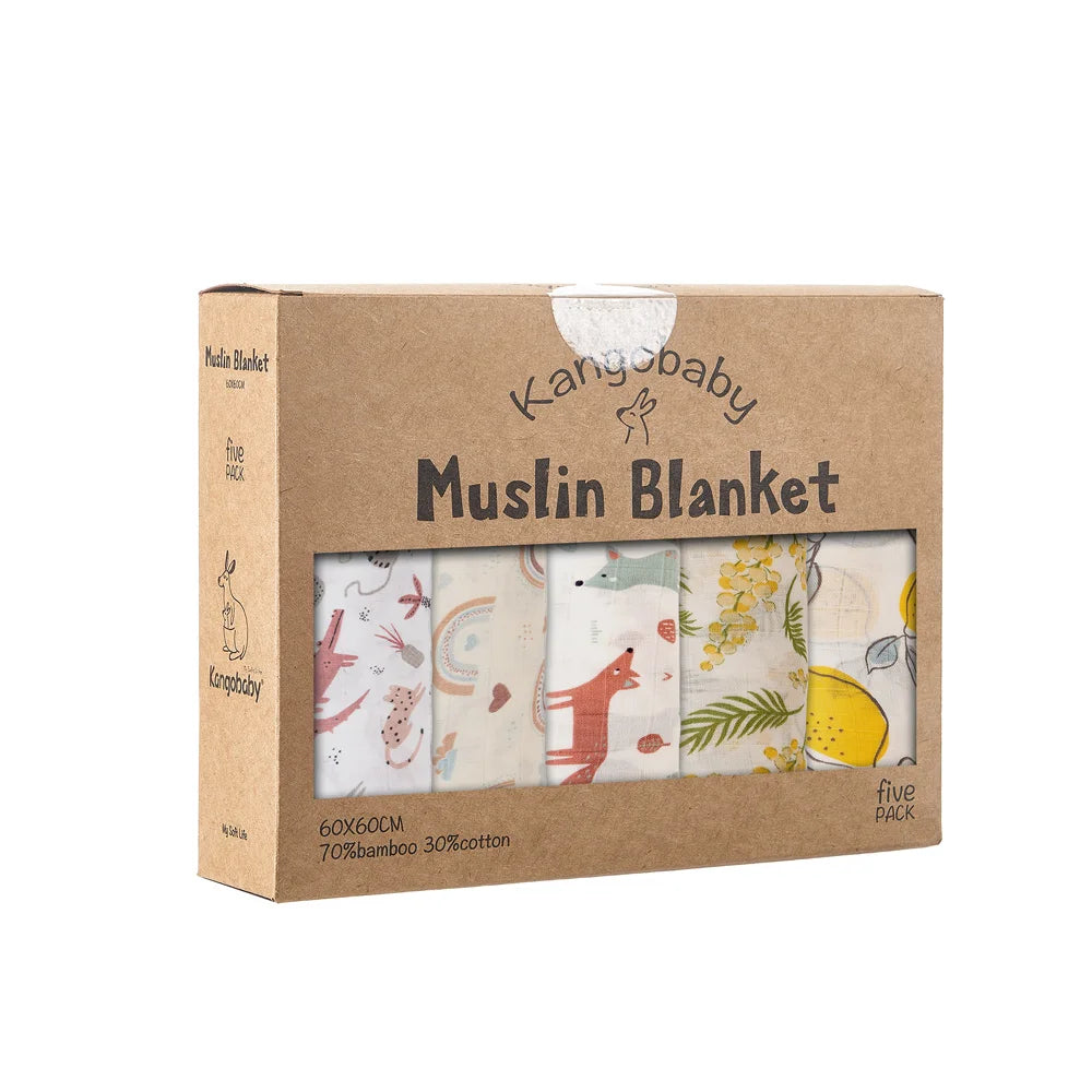 Kangobaby 5 Pieces Pack Multi-Functional Bamboo Cotton Muslin