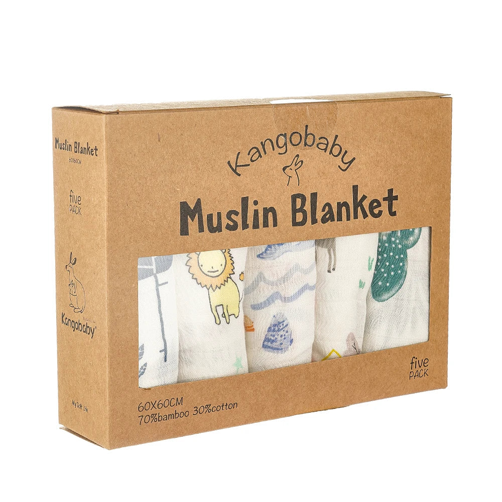 Kangobaby 5 Pieces Pack Multi-Functional Bamboo Cotton Muslin