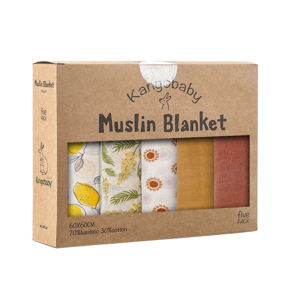Kangobaby 5 Pieces Pack Multi-Functional Bamboo Cotton Muslin