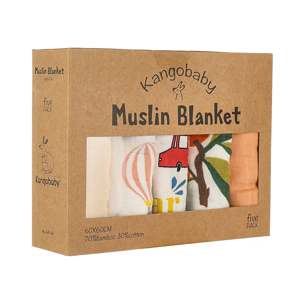 Kangobaby 5 Pieces Pack Multi-Functional Bamboo Cotton Muslin