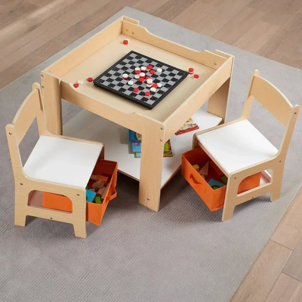 Kids Wooden Storage Table and Chairs Set, Natural