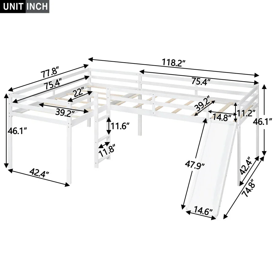 L-Shaped Twin Size Loft Bed with Ladder and