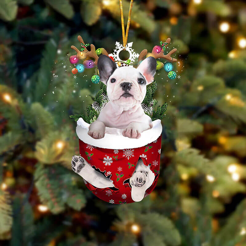 White French BullDog In Snow Pocket Christmas Ornament