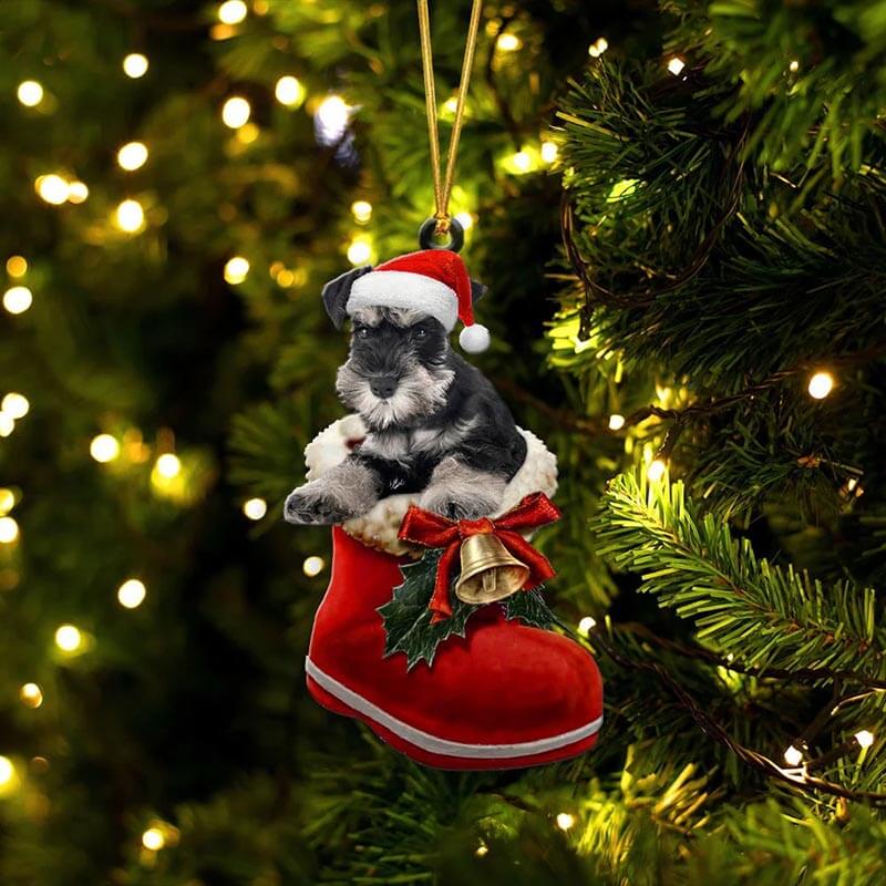 Miniature Schnauzer In Santa Boot Christmas Hanging Ornament