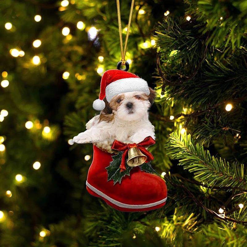 Shih Tzu In Santa Boot Christmas Hanging Ornament