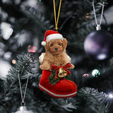 Brown Poodle In Santa Boot Christmas Hanging Ornament
