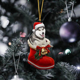 Grey Husky In Santa Boot Christmas Hanging Ornament