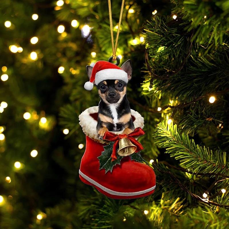 Chihuahua Black In Santa Boot Christmas Hanging Ornament